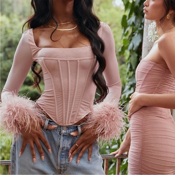 💥SOLD💥 House of CB Stella Blush Pink Mesh Feather Trimmed Corset Top Small - Picture 6 of 16